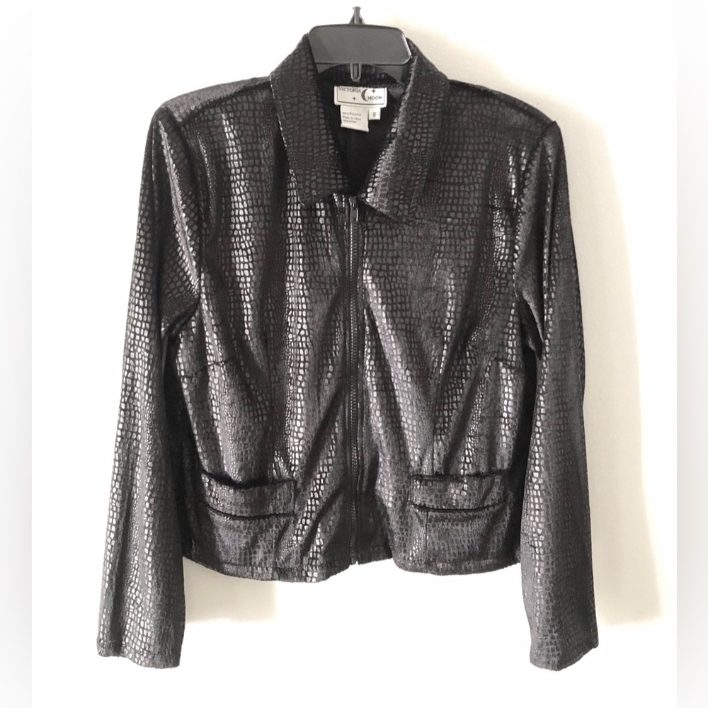 Vintage Victoria Moon Black Velvet Animal Print Zip Jacket